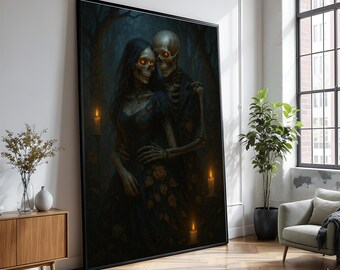 Gothic Skelett Paar Leinwand, Verwunschene Liebhaber, Dunkel Romantische Halloween Wandkunst