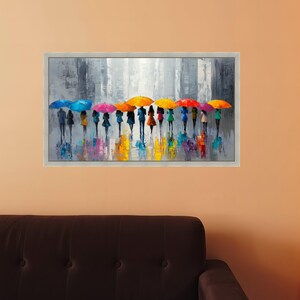 Colorful Umbrella Parade Canvas, Abstract City Rain Scene, Modern Silhouette Art, Vibrant Urban Wall Decor, Ready to Hang Canvas Wall Art image 2