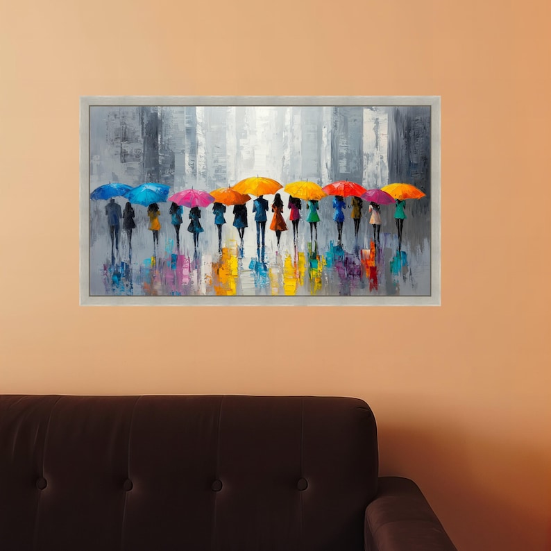 Colorful Umbrella Parade Canvas, Abstract City Rain Scene, Modern Silhouette Art, Vibrant Urban Wall Decor, Ready to Hang Canvas Wall Art image 2