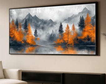 Misty Mountain Landscape Canvas, Autumn Trees Wall Art, Orange Forest Reflection, Nature Home Decor, Contemporary Canvas Painting