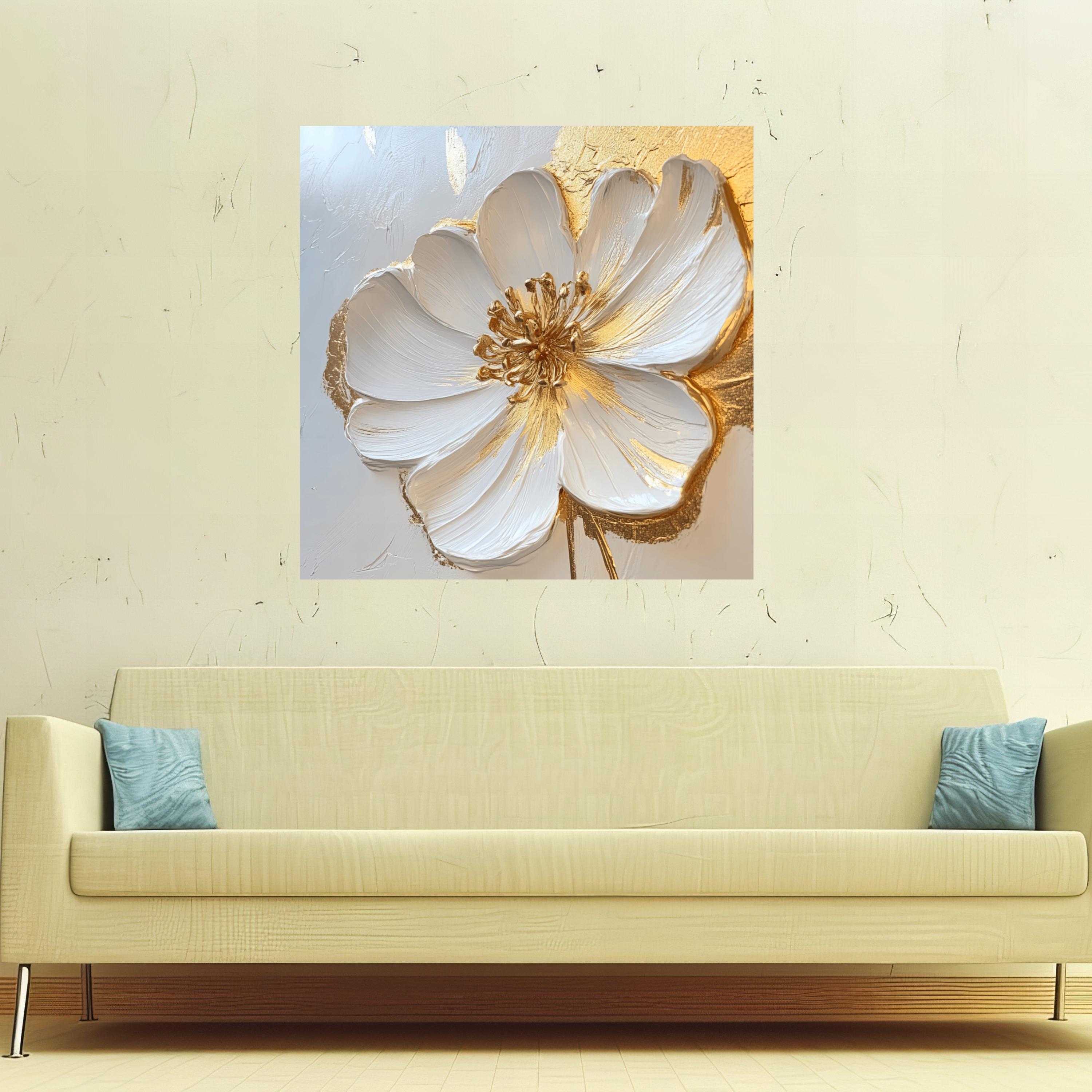 白と金の花の絵画、モダンな植物キャンバス、すぐに掛けられる - Etsy 日本