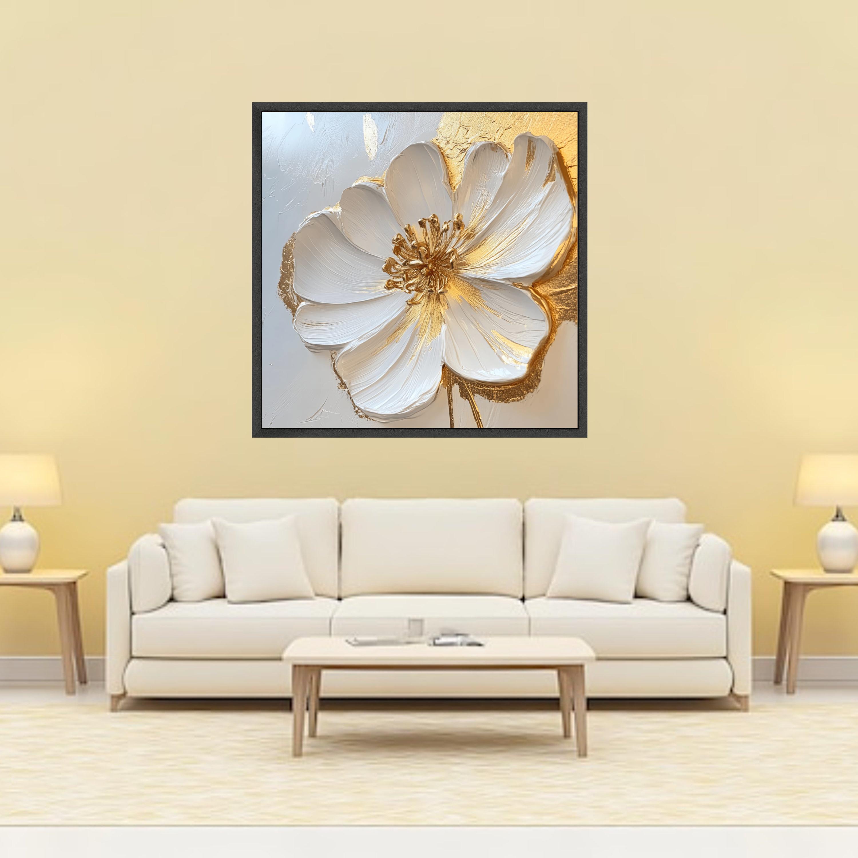 花の絵掛軸 ベージュ 金色装飾 白と金の花の絵画、モダンな植物キャンバス、すぐに掛けられる - Etsy 日本