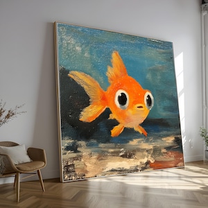 Whimsical Goldfish Canvas Wall Art, Cute Fish Painting, Bright Orange Aquarium Decor, Marine Canvas, Playful Fish Home Decoration
