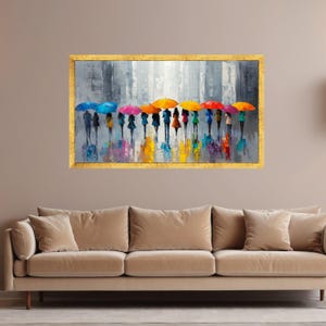 Colorful Umbrella Parade Canvas, Abstract City Rain Scene, Modern Silhouette Art, Vibrant Urban Wall Decor, Ready to Hang Canvas Wall Art image 10