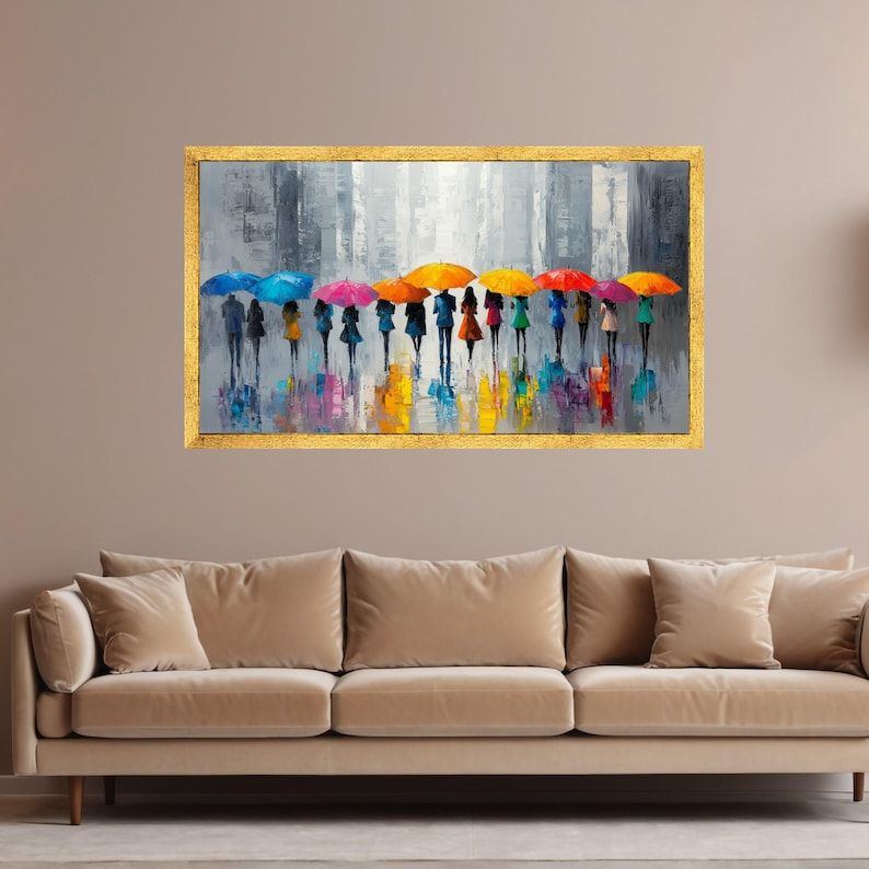 Colorful Umbrella Parade Canvas, Abstract City Rain Scene, Modern Silhouette Art, Vibrant Urban Wall Decor, Ready to Hang Canvas Wall Art image 10