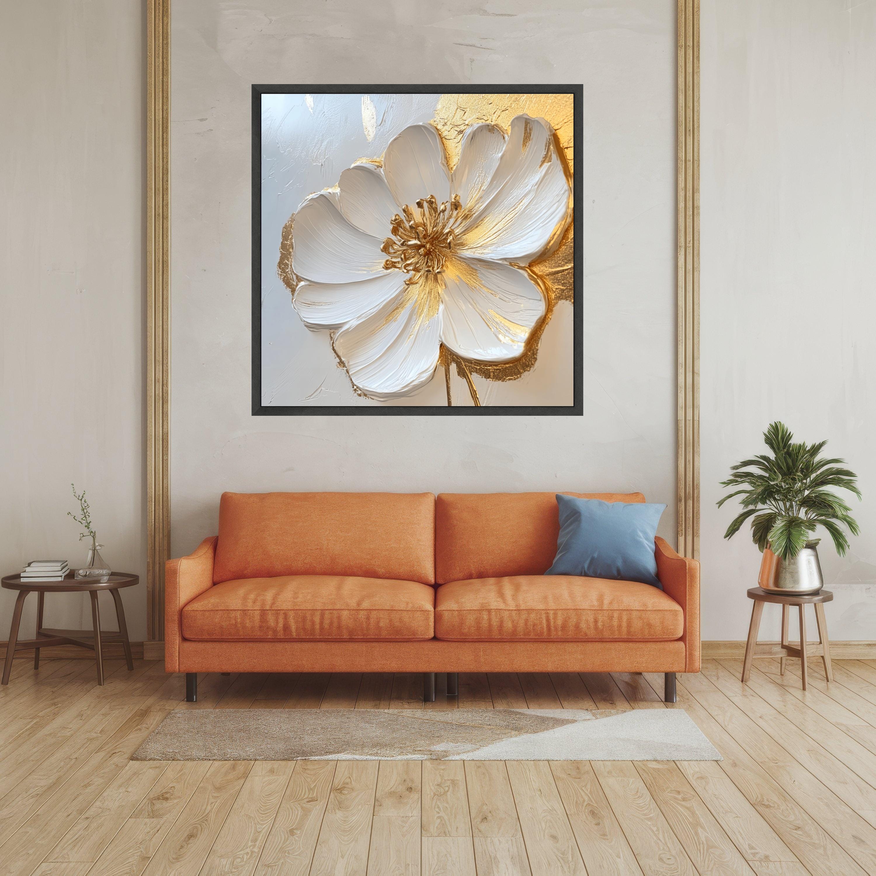 白と金の花の絵画、モダンな植物キャンバス、すぐに掛けられる - Etsy 日本