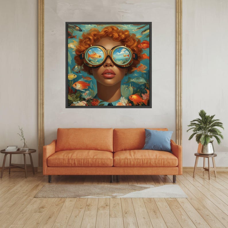 Surreal Underwater Vision, Redhead Woman with Steampunk Goggles Canvas, Fish and Ocean Scene Wall Art, Colorful Artistic Portrait Canvas image 6