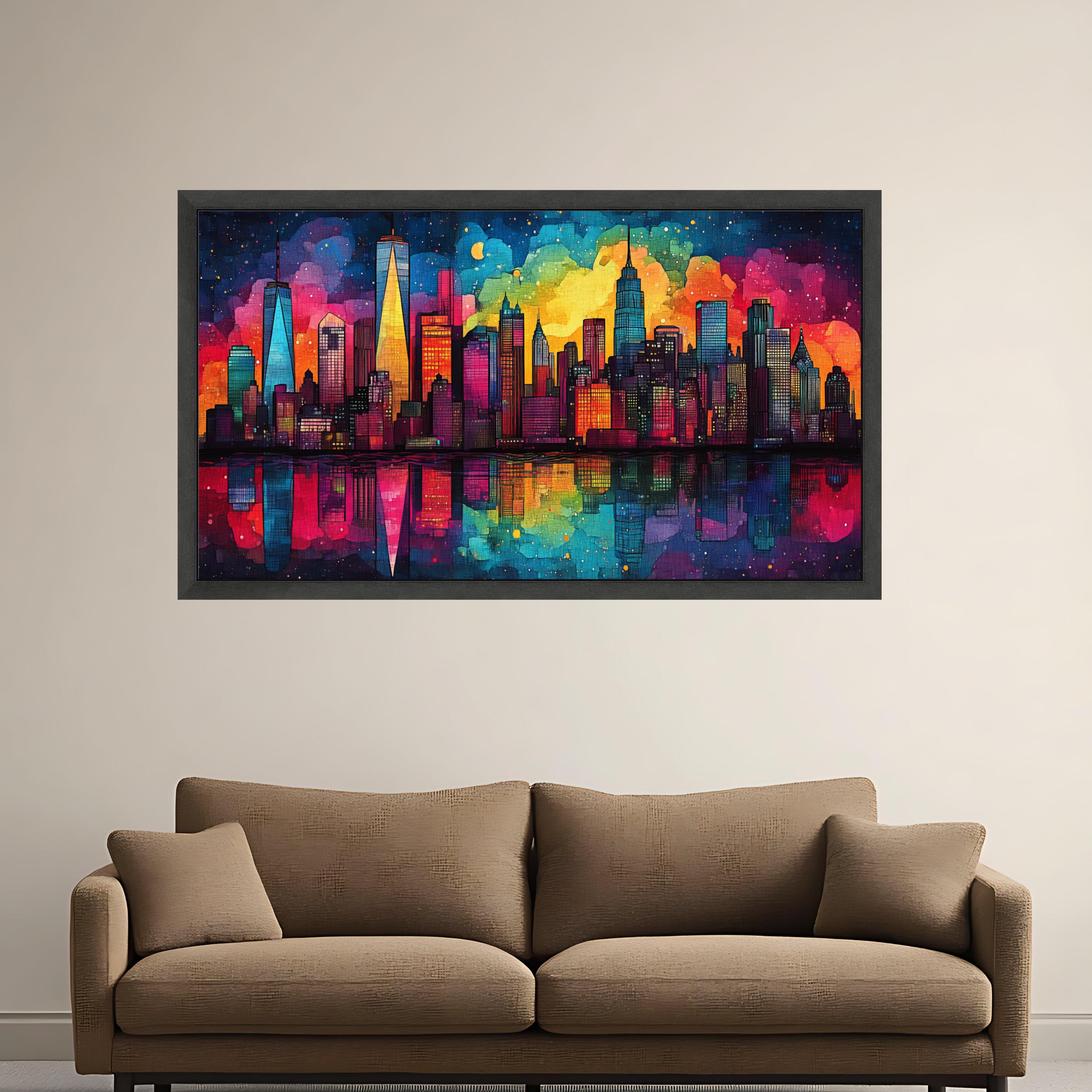 Vibrant Cityscape Canvas Wall Art, Colorful Skyline Reflection