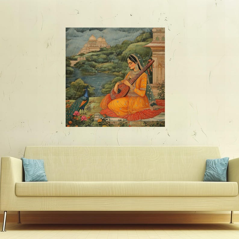 Lienzo vintage de una mujer india con sitar, arte de Rajastán, decoración étnica para el hogar imagen 9