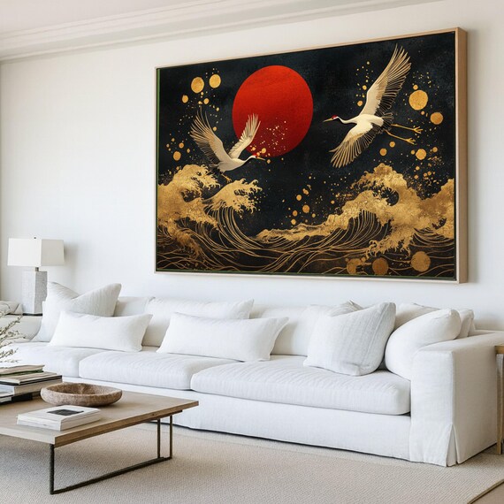 Red Sun and Cranes Canvas Art, Japanese Wave, Oriental Decor - Etsy