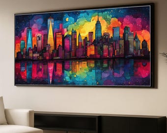 Vibrant Cityscape Canvas Wall Art, Colorful Skyline Reflection, Modern Urban Landscape, Abstract City Nightscape, Contemporary Home Decor