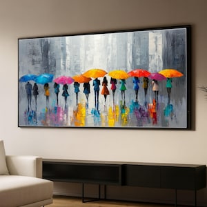 Colorful Umbrella Parade Canvas, Abstract City Rain Scene, Modern Silhouette Art, Vibrant Urban Wall Decor, Ready to Hang Canvas Wall Art image 1