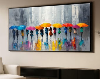 Colorful Umbrella Parade Canvas, Abstract City Rain Scene, Modern Silhouette Art, Vibrant Urban Wall Decor, Ready to Hang Canvas Wall Art