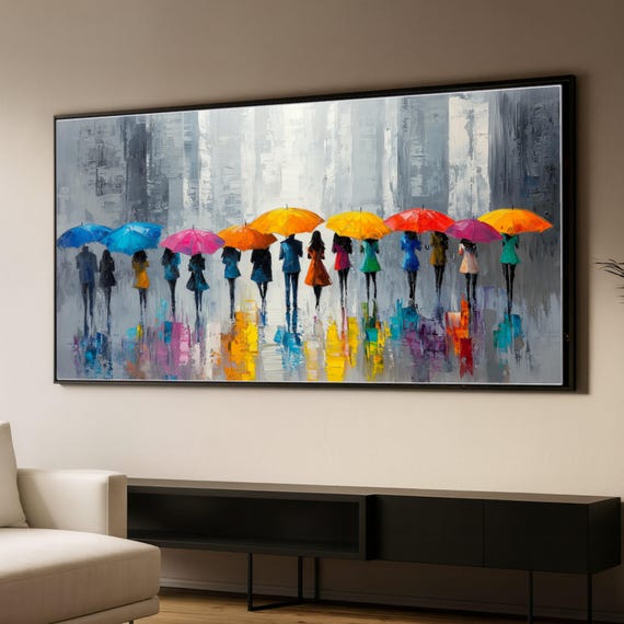 Colorful Umbrella Parade Canvas, Abstract City Rain Scene, Modern Silhouette Art, Vibrant Urban Wall Decor, Ready to Hang Canvas Wall Art