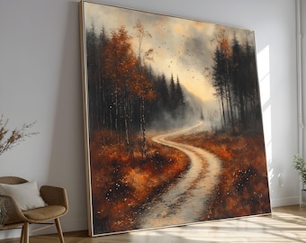 Lienzo decorativo para pared con sendero forestal otoñal, paisaje de bosque brumoso, lienzo rústico natural, pintura de árboles otoñales, decoración acogedora para el hogar, listo para colgar.