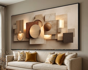 Modern Geometric Abstract Canvas Wall Art, Neutral Tones Decorative Panel, Rustic Brown and Beige Shapes, Home Decor, Ready to Hang