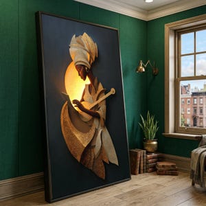 Elegant African Woman with Traditional Headwrap Canvas, Musician Playing String Instrument, Warm Golden Light Art, Cultural Wall Decor,