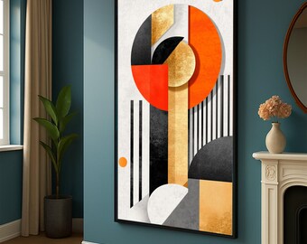 Lienzo decorativo abstracto geométrico, naranja y dorado, estilo moderno de mediados de siglo.