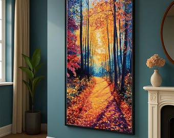 Autumn Forest Path Canvas Wall Art, Vibrant Fall Trees Painting, Colorful Landscape Canvas, Seasonal Nature Decor, Ready to Hang Artwork