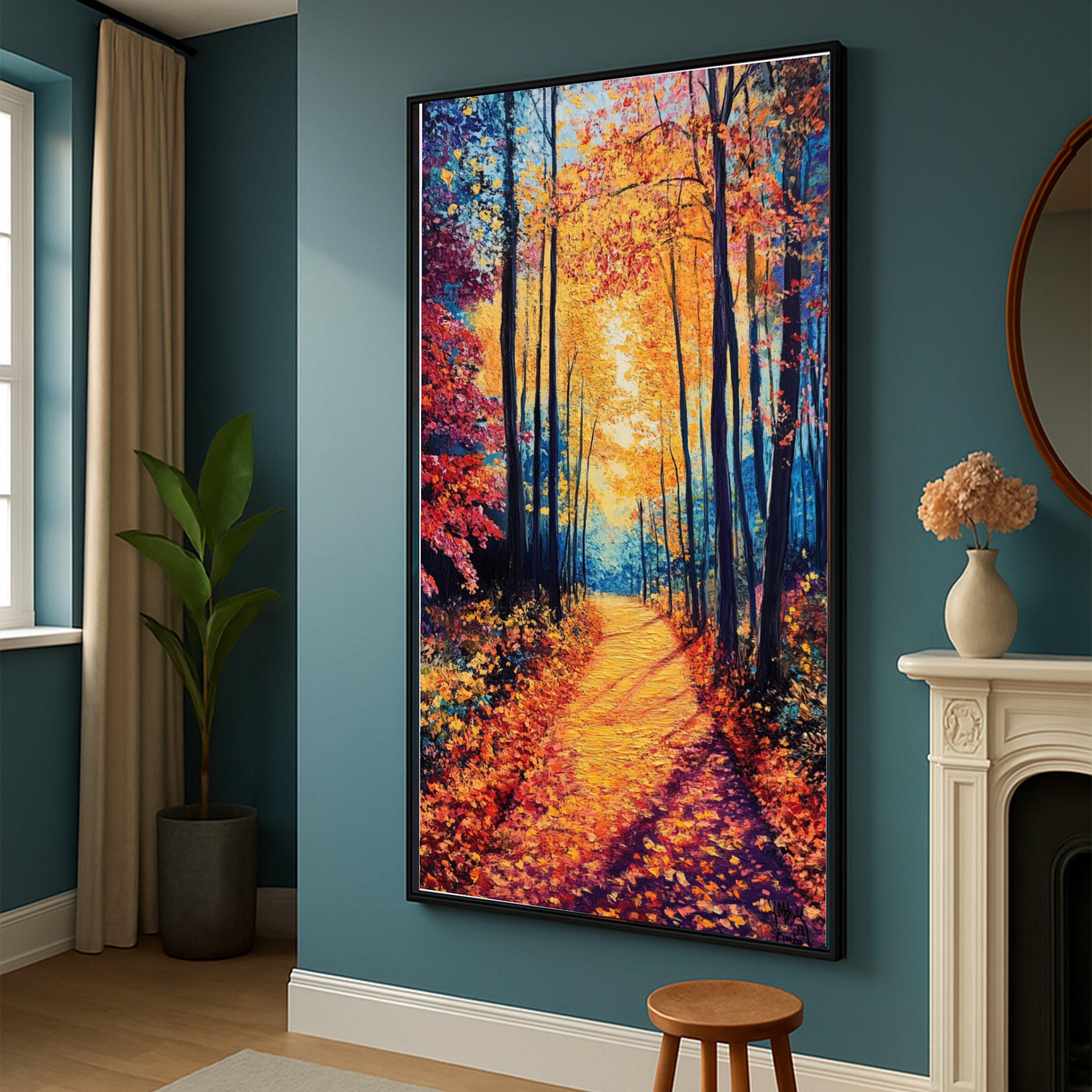 Autumn Forest Path Canvas Wall Art, Vibrant Fall Trees Painting ...