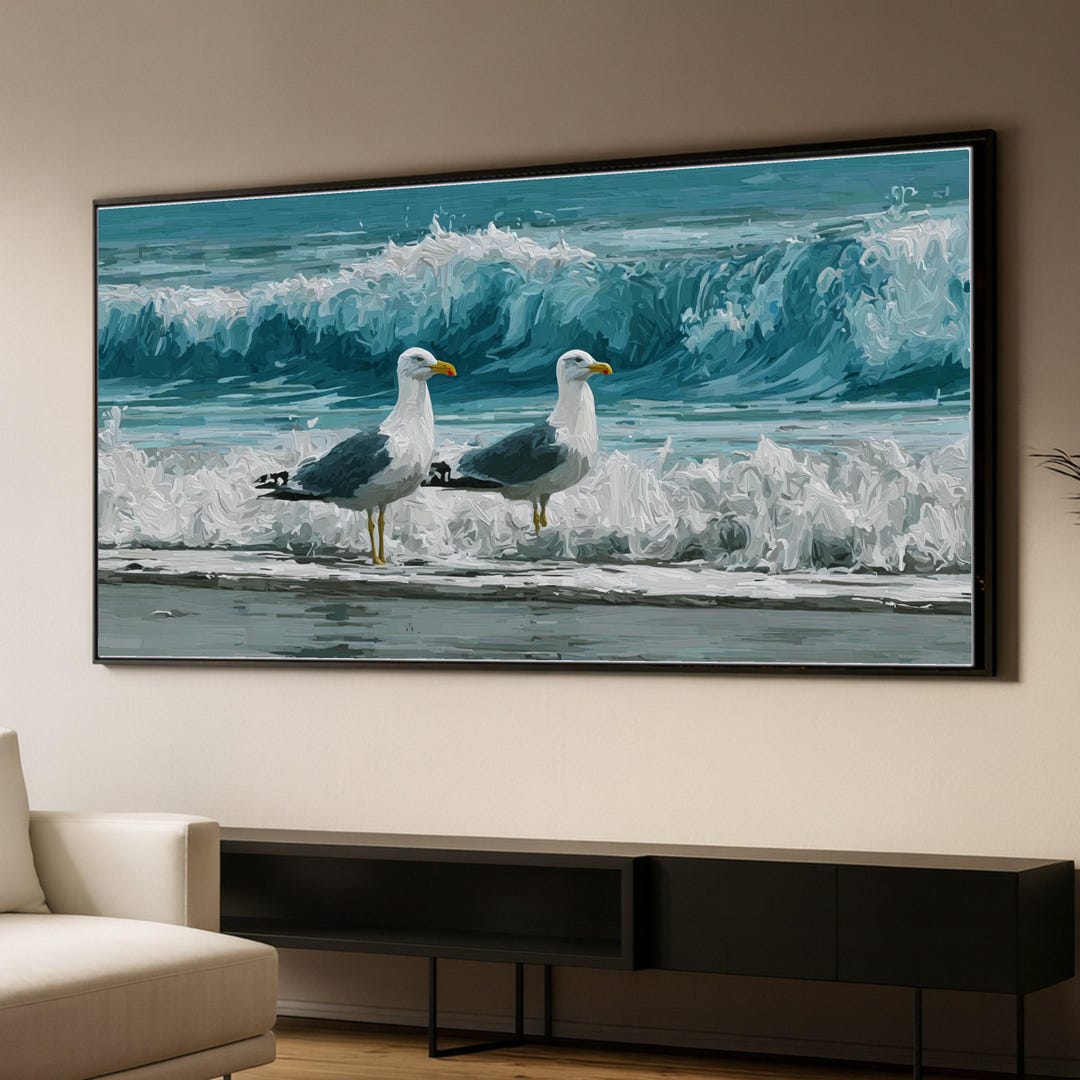 Seagulls Ocean Waves Canvas Print, Coastal Beach Wall Art, Ready to ...