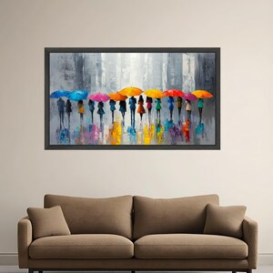 Colorful Umbrella Parade Canvas, Abstract City Rain Scene, Modern Silhouette Art, Vibrant Urban Wall Decor, Ready to Hang Canvas Wall Art image 3