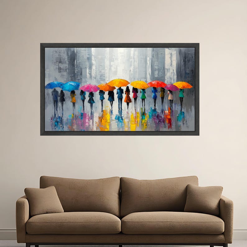 Colorful Umbrella Parade Canvas, Abstract City Rain Scene, Modern Silhouette Art, Vibrant Urban Wall Decor, Ready to Hang Canvas Wall Art image 3