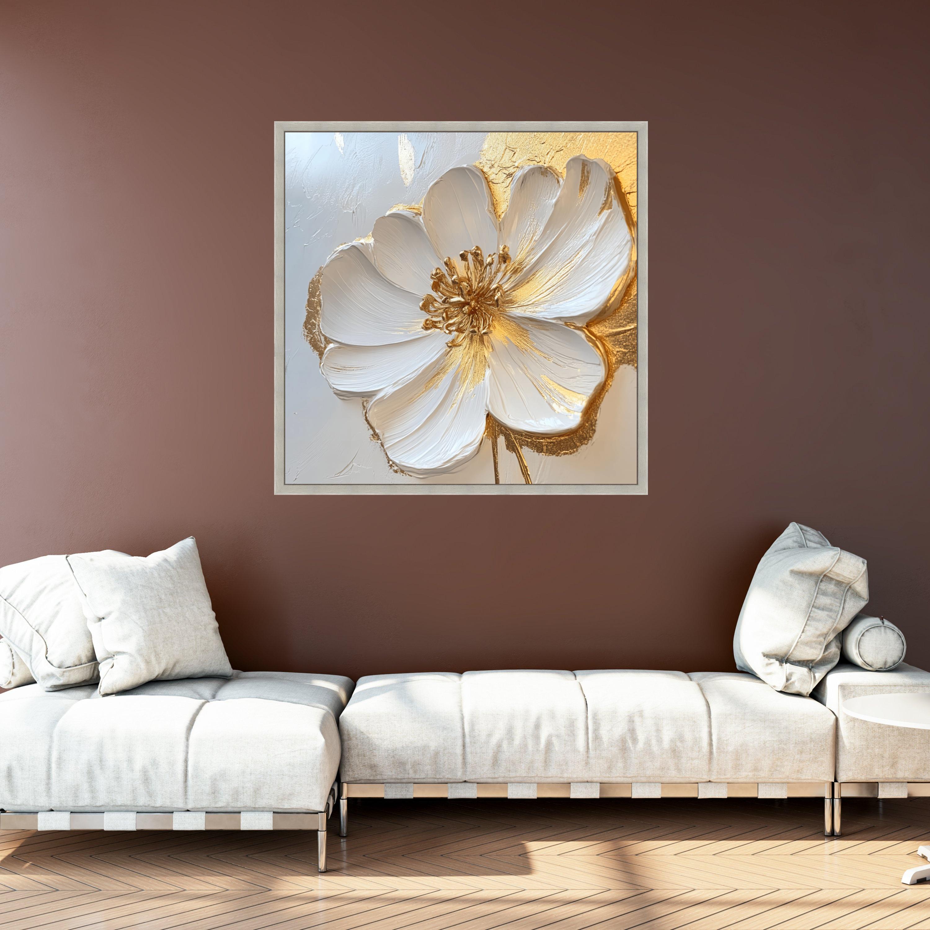 白と金の花の絵画、モダンな植物キャンバス、すぐに掛けられる - Etsy 日本