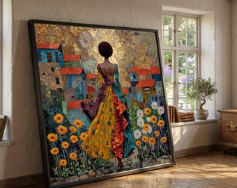 Woman Mosaic Art Print, Colorful Village Landscape Canvas, Floral Home Decoration