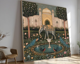 Elephant and Peacock Canvas, Indian Palace Garden Art, Exotic Wildlife