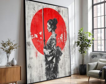 Samurai Woman with Katana Sword Canvas, Japanese Warrior Art, Red Sun Background, Asian Culture Wall Decor, Traditional Kimono Painting