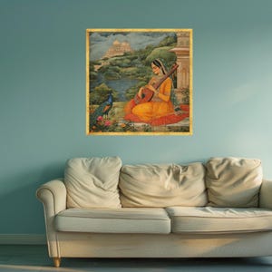 Lienzo vintage de una mujer india con sitar, arte de Rajastán, decoración étnica para el hogar imagen 7