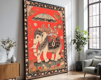 Mughal Art canvas olifant rit, vintage Indiaas muurdecor
