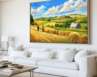 Lienzo de la cosecha de pacas de heno, pintura de paisaje rural rústico
