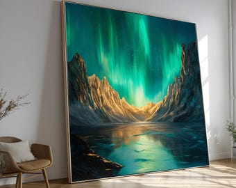 Nordlichter über Bergsee Leinwand, Aurora Borealis Wandkunst, ruhige Naturlandschaft, Nachthimmel Spiegelung, Malerische Wohnkultur
