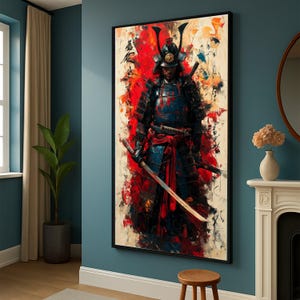 Fierce Samurai Warrior Canvas Art, Japanese Armor Painting, Traditional Samurai Sword Artwork, Oriental Warrior Canvas, Bold Red Accent Wall