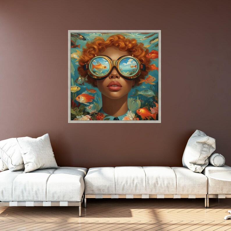 Surreal Underwater Vision, Redhead Woman with Steampunk Goggles Canvas, Fish and Ocean Scene Wall Art, Colorful Artistic Portrait Canvas image 8