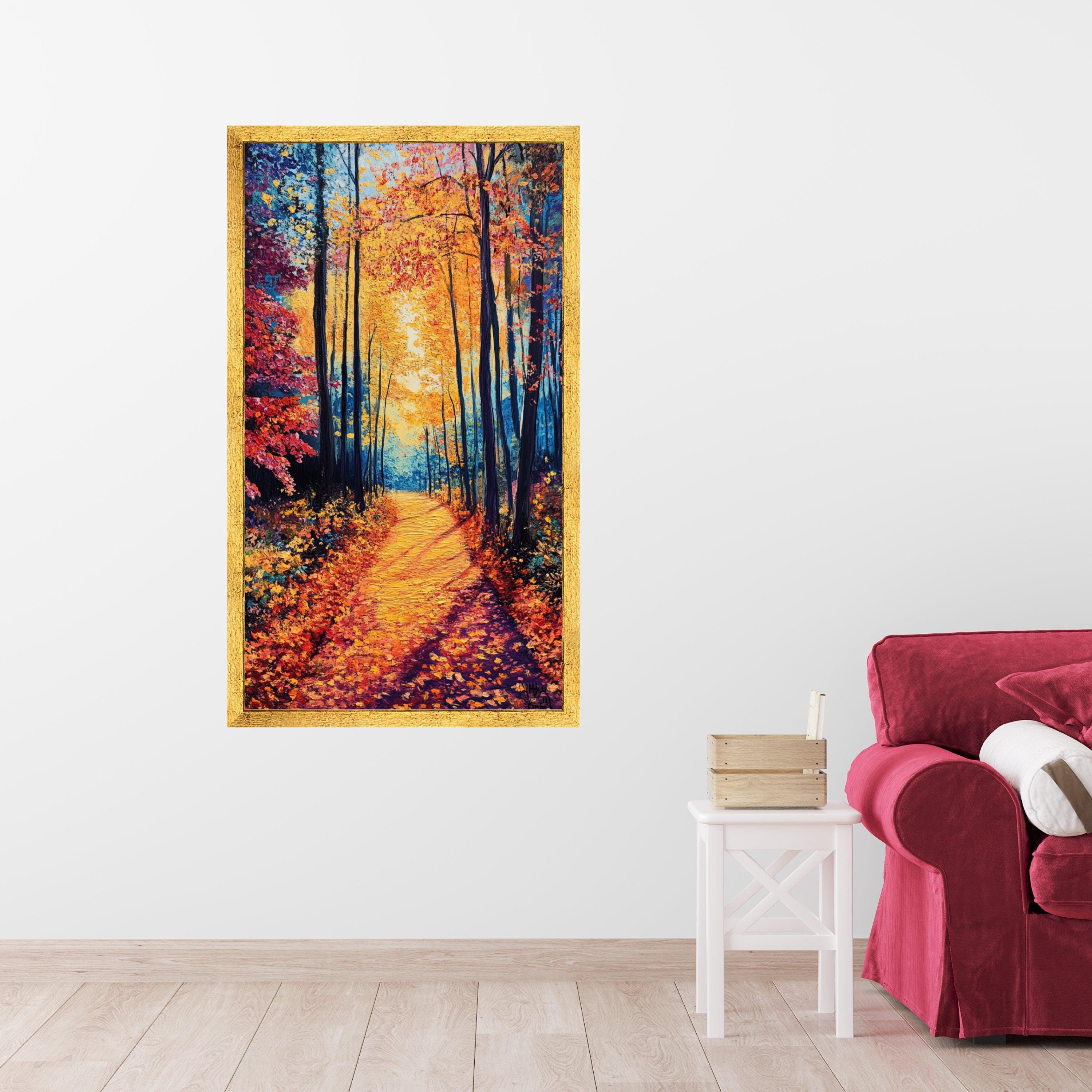 Autumn Forest Path Canvas Wall Art, Vibrant Fall Trees Painting ...