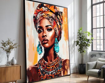Vibrant African Woman Portrait Canvas, Tribal Headwrap Wall Art, Ethnic Jewelry Painting, Bold Cultural Canvas Decor, Modern African Art