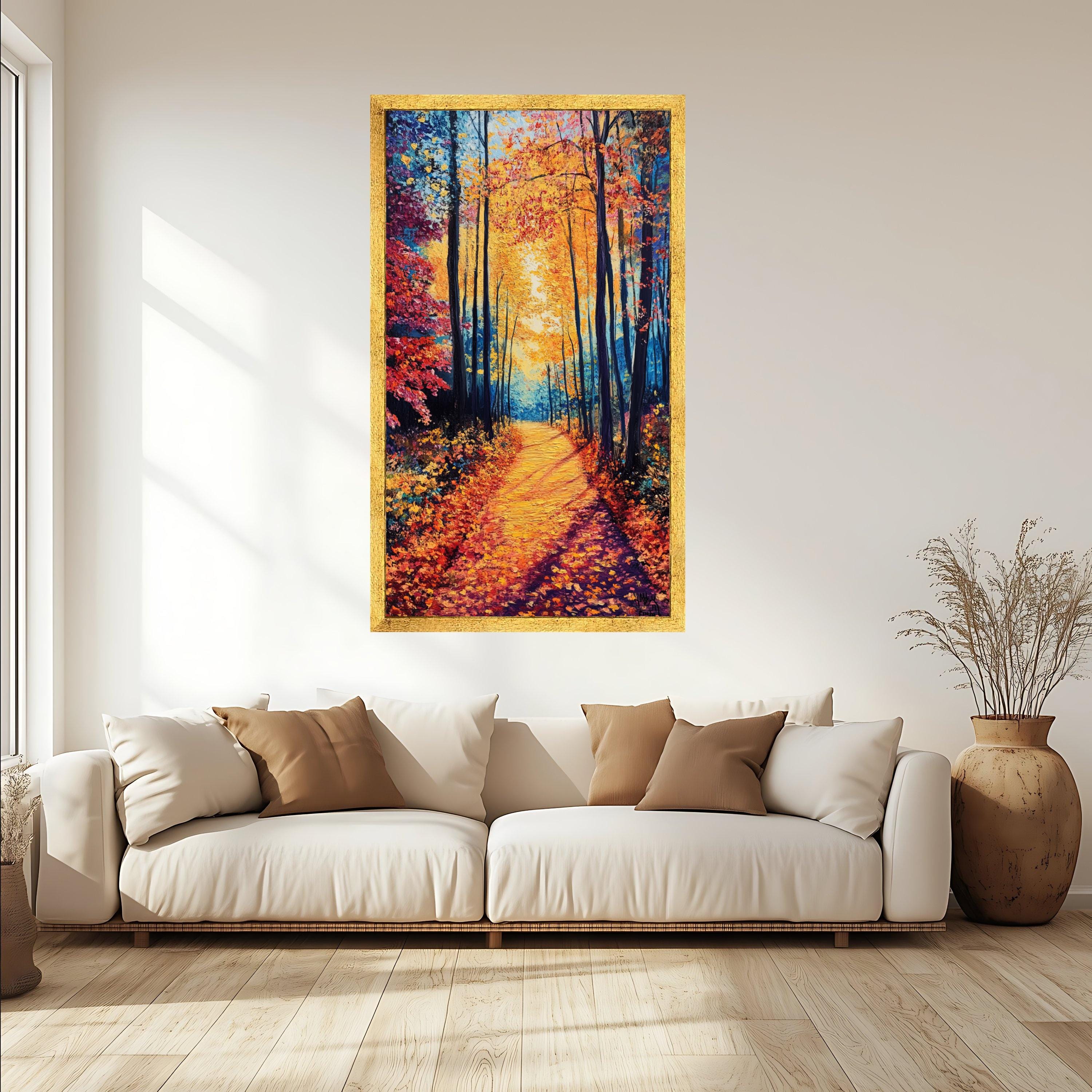 Autumn Forest Path Canvas Wall Art, Vibrant Fall Trees Painting ...