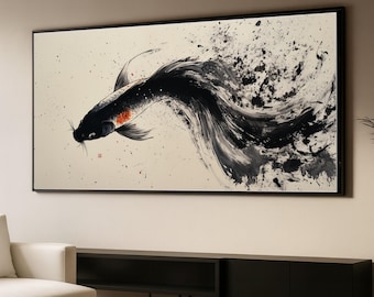 Schwarzer Koi Fisch Leinwand, japanische Tuschemalerei, Zen-Wandkunst