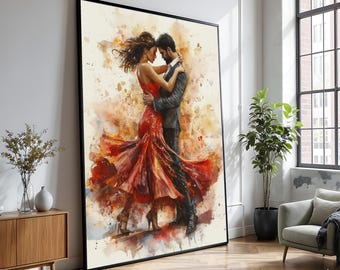 Passionate Tango Dance Couple, Red Dress Canvas Art, Romantic Wall Decor, Dance Movement Painting, Elegant Home Decoration