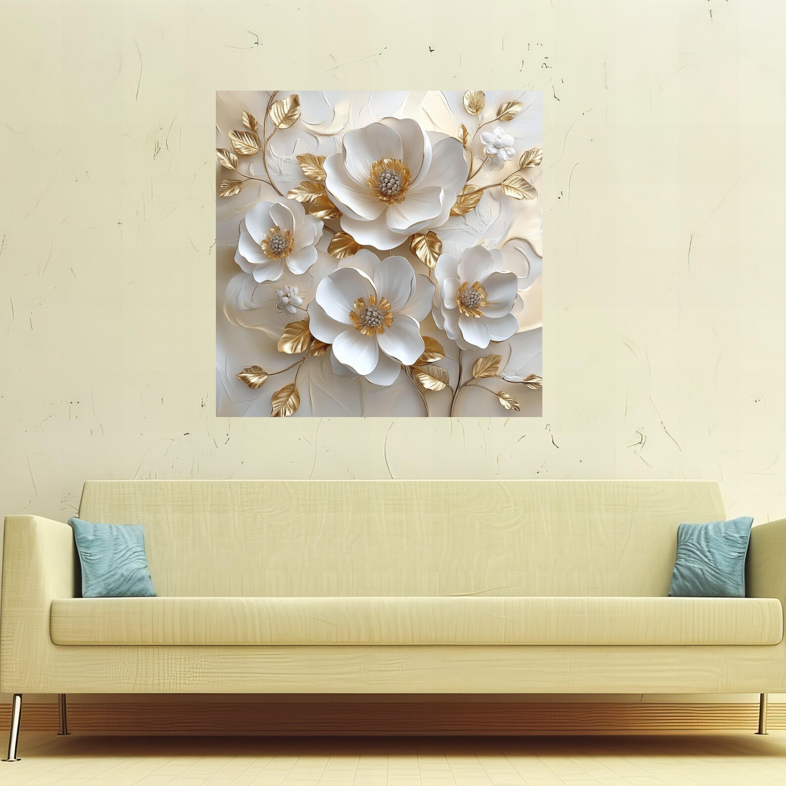 Elegant White and Gold Flowers Canvas Wall Art, Floral Texture Painting ...