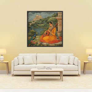 Lienzo vintage de una mujer india con sitar, arte de Rajastán, decoración étnica para el hogar imagen 6
