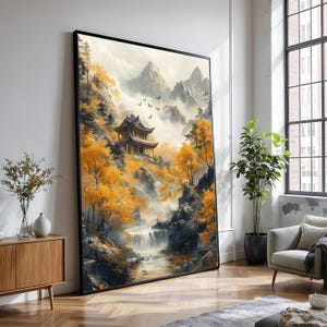 Autumn Mountain Pagoda Canvas, Misty Waterfall Asian Art