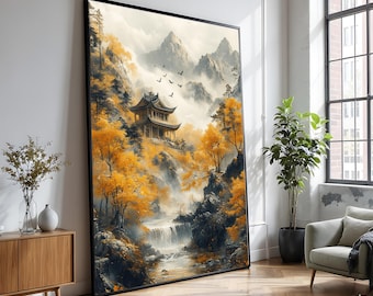Autumn Mountain Pagoda Canvas, Misty Waterfall Asian Art