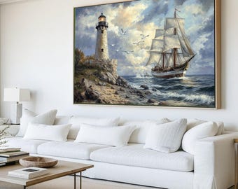 Nautical Lighthouse Canvas Art, Vintage Ocean Sailing Ship Scene