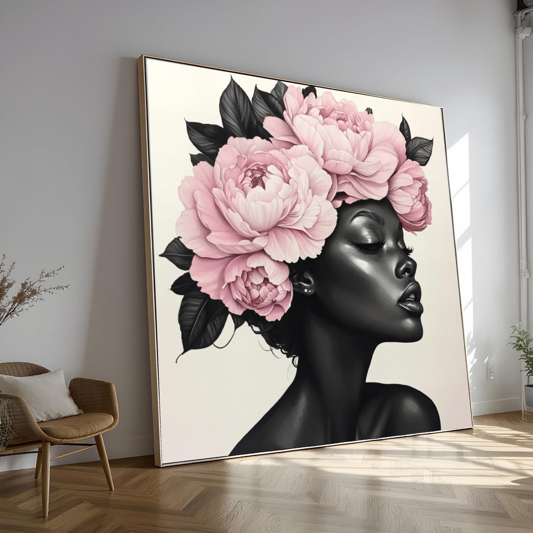 Elegant Black Woman Portrait Canvas, Pink Peony Floral Crown Wall Art ...
