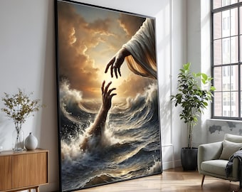 Divine Rescue Canvas Wall Art, Hands Reaching Through Ocean Waves, Inspirational Spiritual Artwork, Symbolic Hope and Faith Decoration