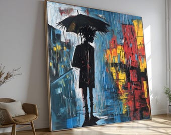 Scena urbana astratta con pioggia, silhouette con ombrello su tela, arte murale moderna con paesaggio urbano, dipinto espressionista colorato, casa contemporanea